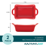 Red rectangular gratin dish set with dimensions and Rachael Ray branding.