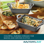 Ceramic baking dishes with spinach dip and toasted bread slices.