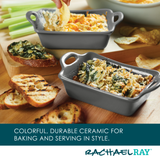 Ceramic baking dishes with spinach dip and toasted bread slices.