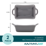 Rectangular gray gratin dishes with handles, shown in top and side views.