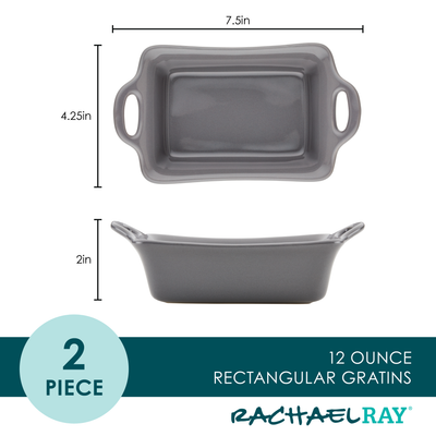Rectangular gray gratin dishes with handles, shown in top and side views.