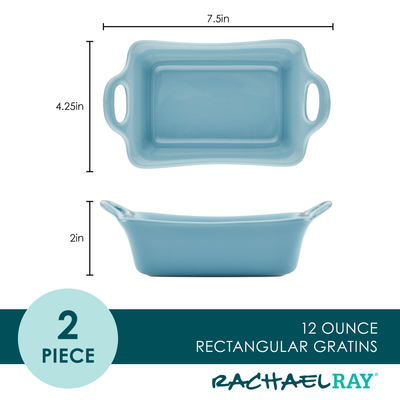 Two blue rectangular gratin dishes with dimensions and brand details.