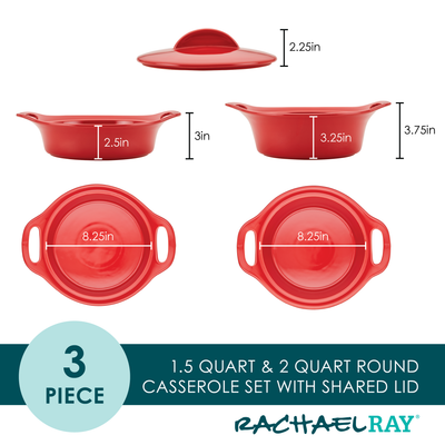Red casserole set, two dishes with shared lid, labeled dimensions.
