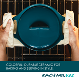 Hands placing a ceramic dish in the oven with text about durability.