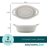 White oval baking dish, 12 oz, with dimensions and Rachael Ray logo.