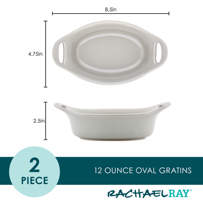 White oval baking dish, 12 oz, with dimensions and Rachael Ray logo.