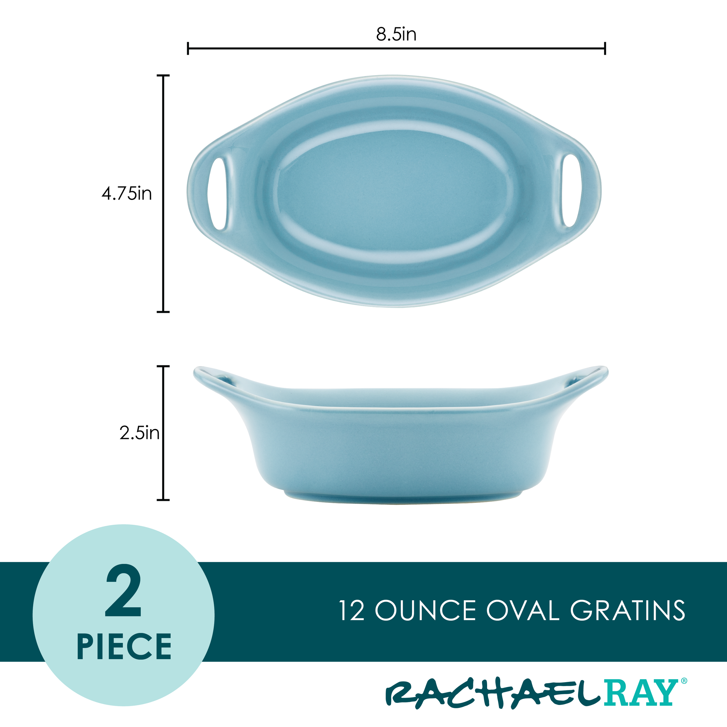 Blue oval gratin dish set with dimensions: 8.5in x 4.75in x 2.5in.