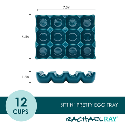 Teal egg tray with 12 cups, labeled "Sittin' Pretty Egg Tray" by Rachael Ray.
