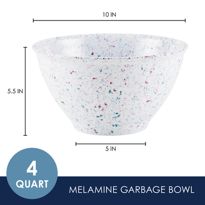 White speckled melamine garbage bowl with dimensions and 4-quart capacity.