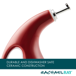 Close-up of a red ceramic handle with a metal spout, text: durable ceramic.