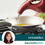 Hand pouring oil into a ceramic frying pan on a stove.