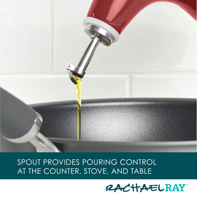 Pouring oil into a pan using a red spout attachment.