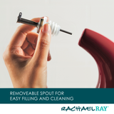 Hand removing spout from a red container for filling and cleaning.