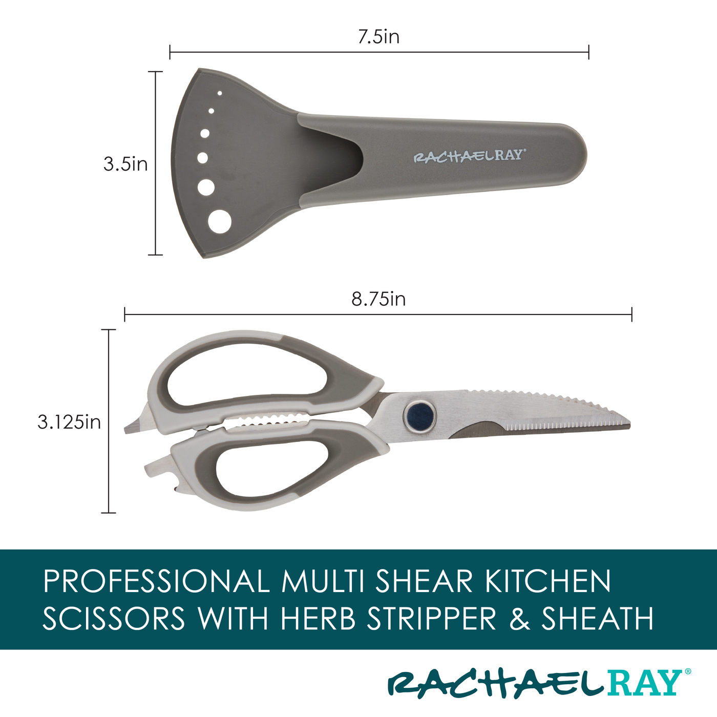Kitchen scissors with herb stripper and sheath, labeled dimensions shown.