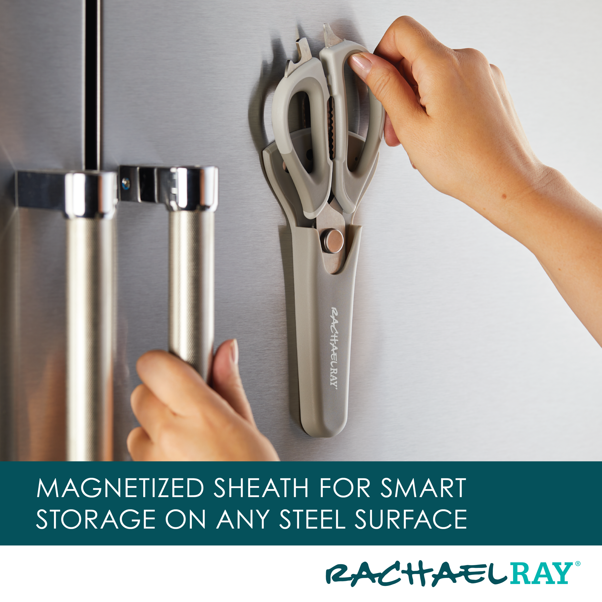 Hands placing scissors in a magnetized sheath on a steel surface.