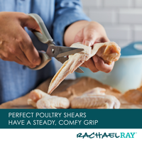 Person using poultry shears to cut raw chicken wings in a kitchen.
