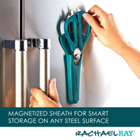 Hands attaching scissors in a magnetic sheath to a steel surface.