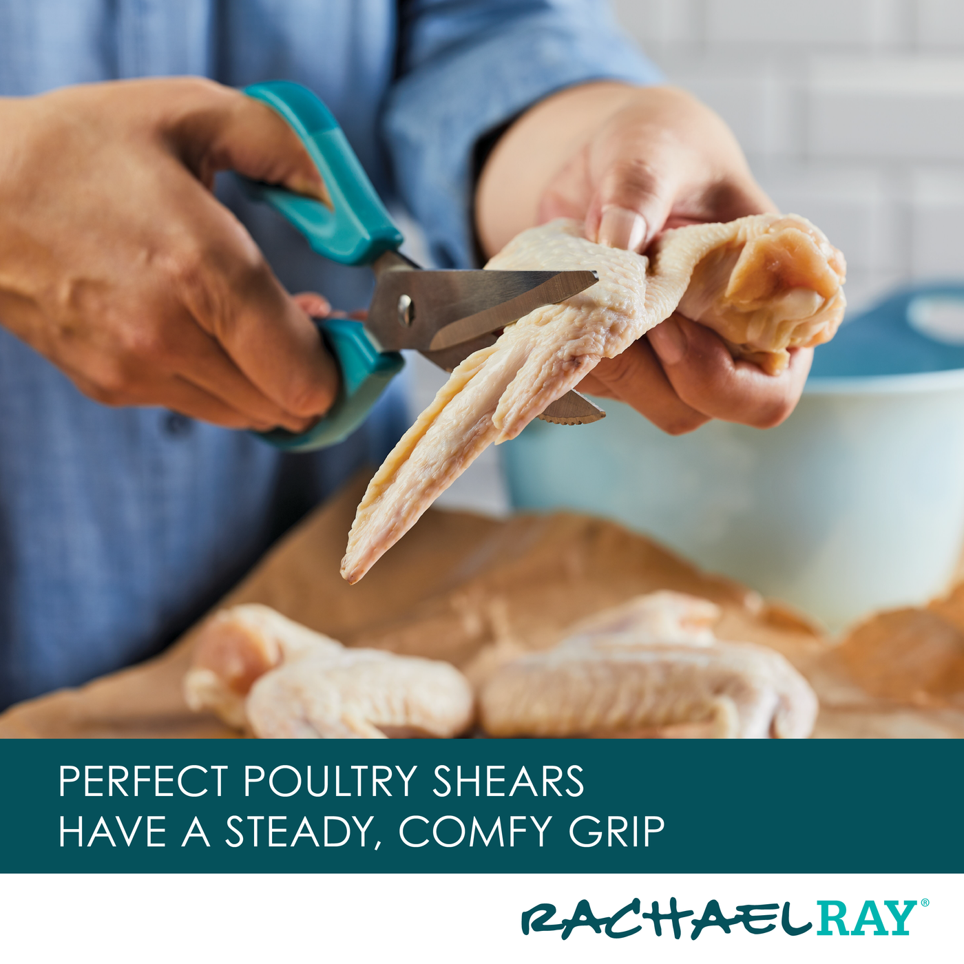 Hands using poultry shears to cut raw chicken, with text overlay about comfort.