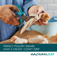 Hands using poultry shears to cut raw chicken, with text overlay about comfort.