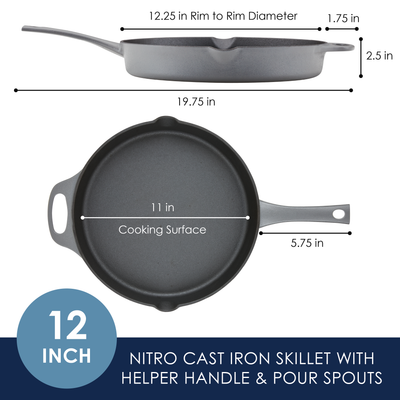 12-inch cast iron skillet with dimensions and pour spouts shown.