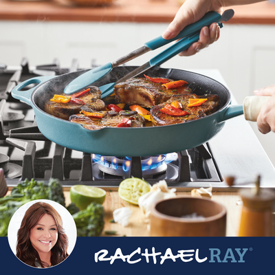 Person cooking meat and vegetables in a blue pan on a gas stove.