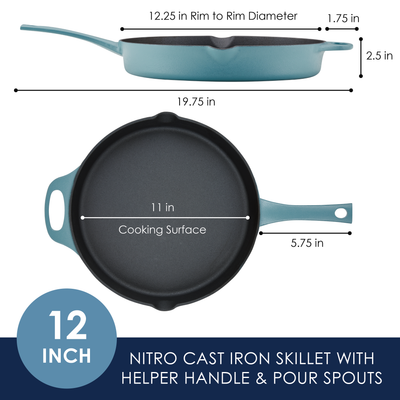 Blue 12-inch cast iron skillet with dimensions and pour spouts shown.