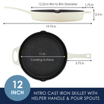 12-inch cast iron skillet with helper handle and pour spouts, top view.