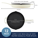 12-inch cast iron skillet with helper handle and pour spouts, top view.