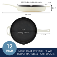12-inch cast iron skillet with helper handle and pour spouts, top view.