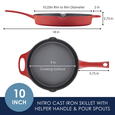 Red cast iron skillet with dimensions and description text.