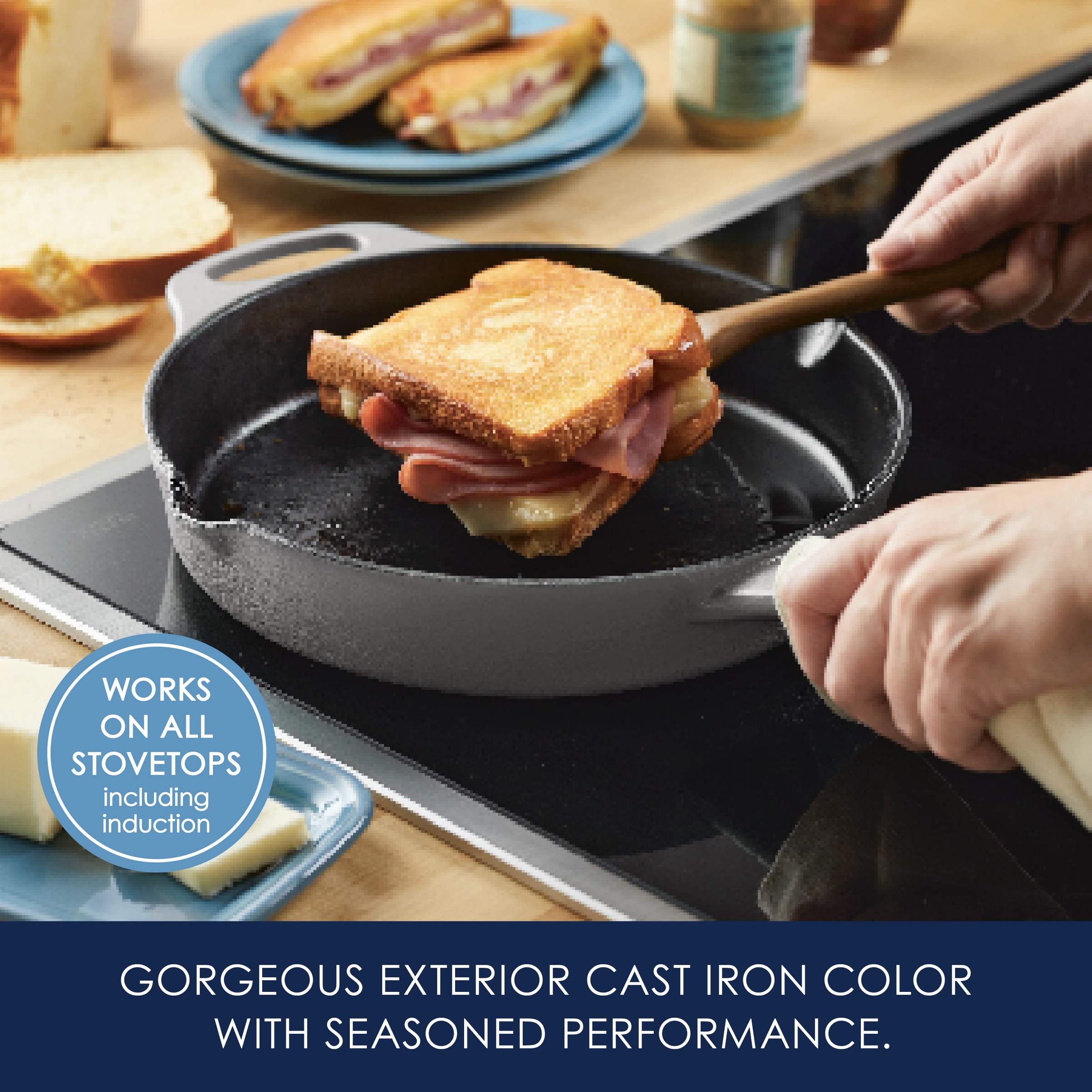 Person making grilled cheese in a cast iron pan on a stovetop.
