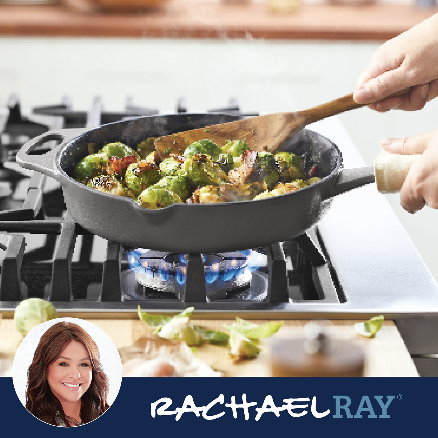 Person stirring brussels sprouts in a skillet on a gas stove.
