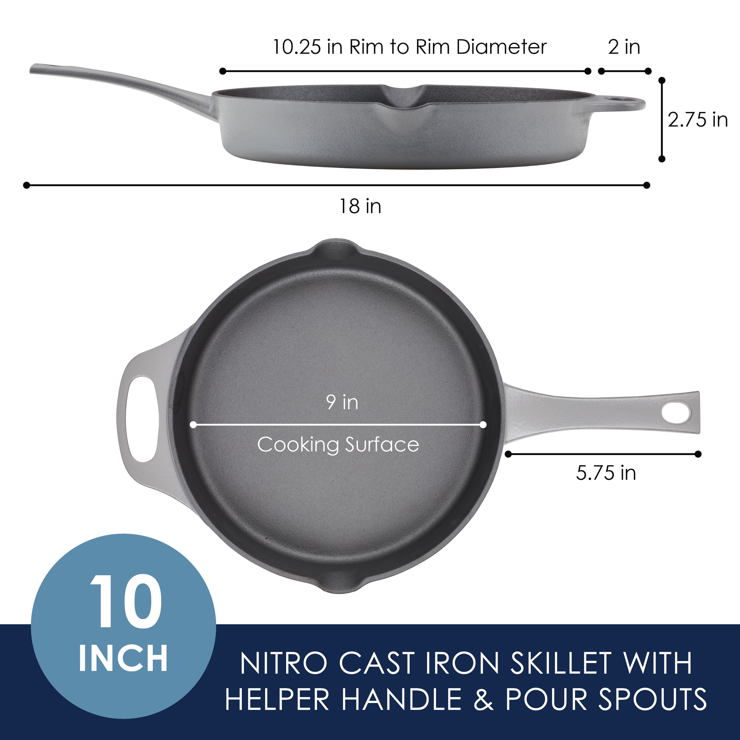 Diagram of a 10-inch cast iron skillet with handle and spouts, measurements shown.