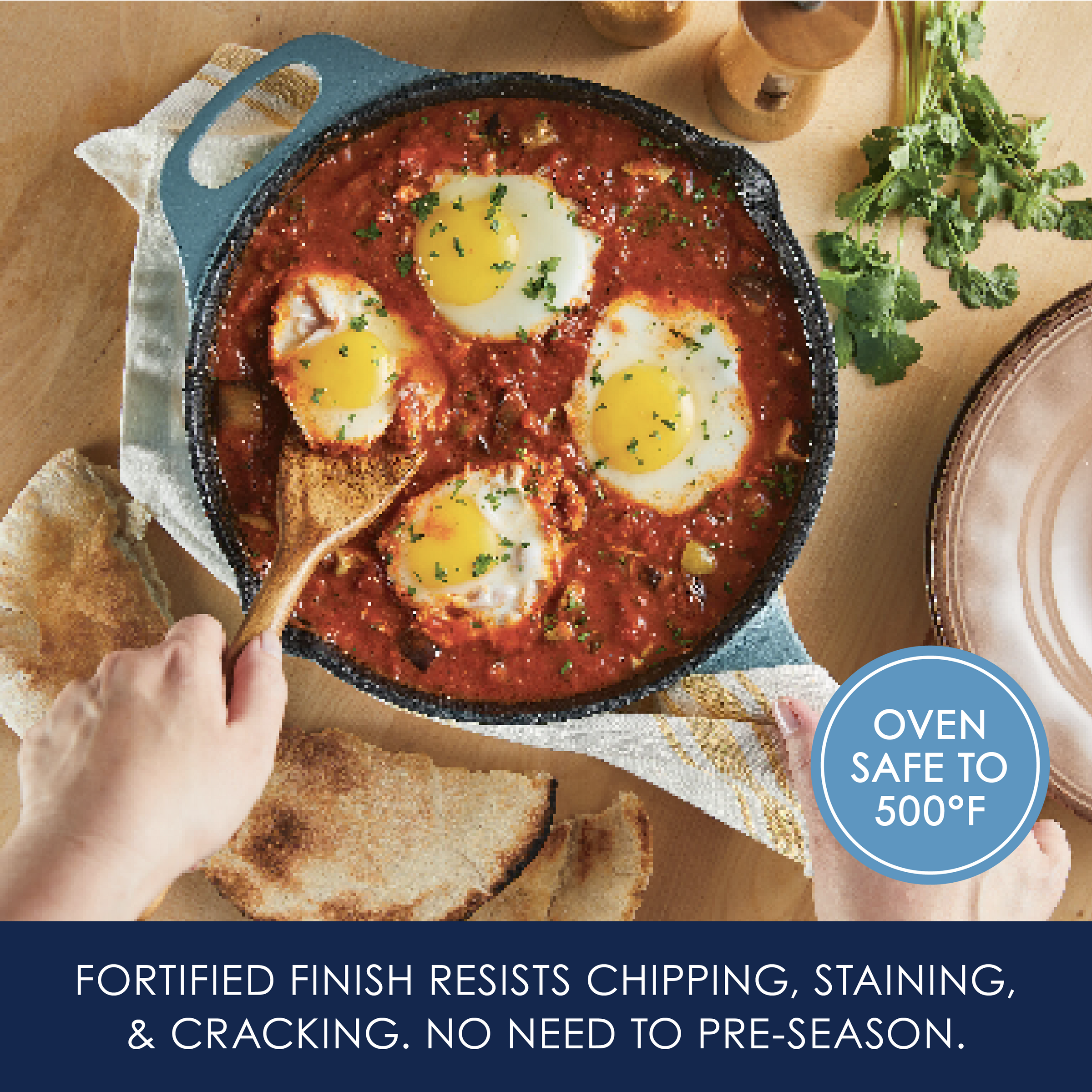 Hands serving eggs in tomato sauce from a skillet; text about durability.