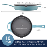 Image showing dimensions of a 10-inch blue cast iron skillet with handles.