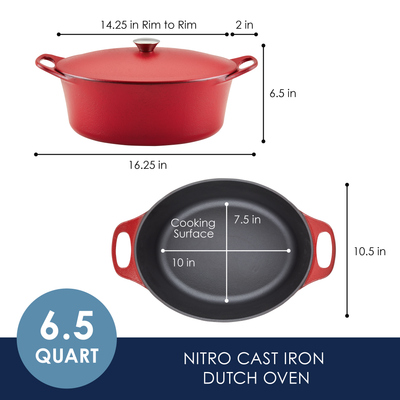 Red 6.5-quart cast iron Dutch oven with measurements labeled.