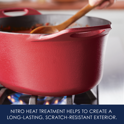 Red pot on stove with a wooden spoon, text about heat treatment.