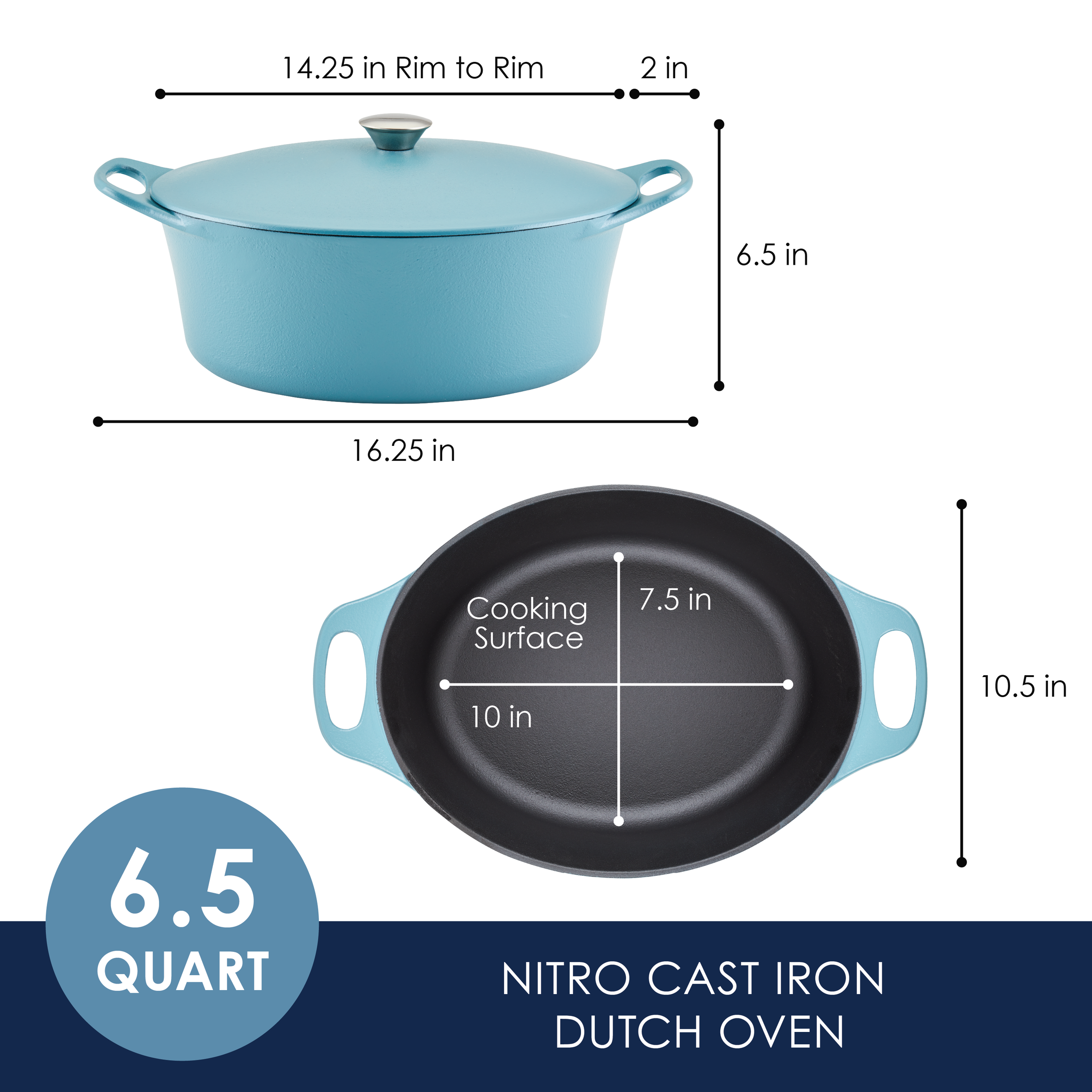 Blue cast iron Dutch oven with dimensions and capacity listed.