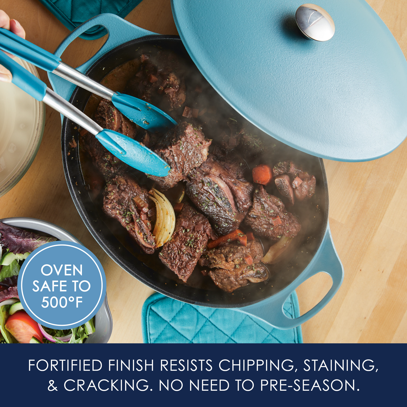 Blue cookware with beef dish, salad nearby, and text about durability.