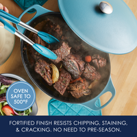 Blue cookware with beef dish, salad nearby, and text about durability.
