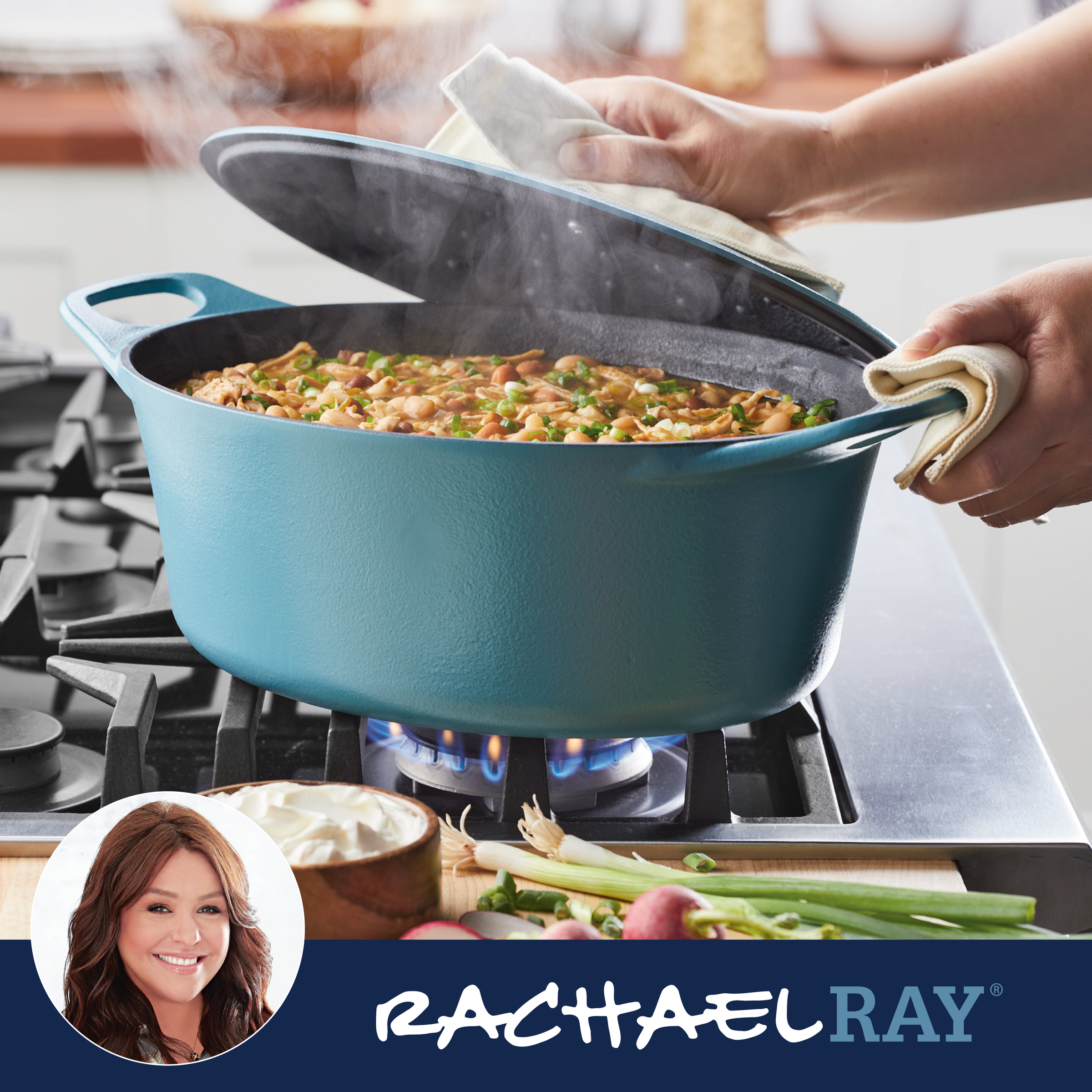 Person lifting the lid off a blue pot on a stove, with food inside.