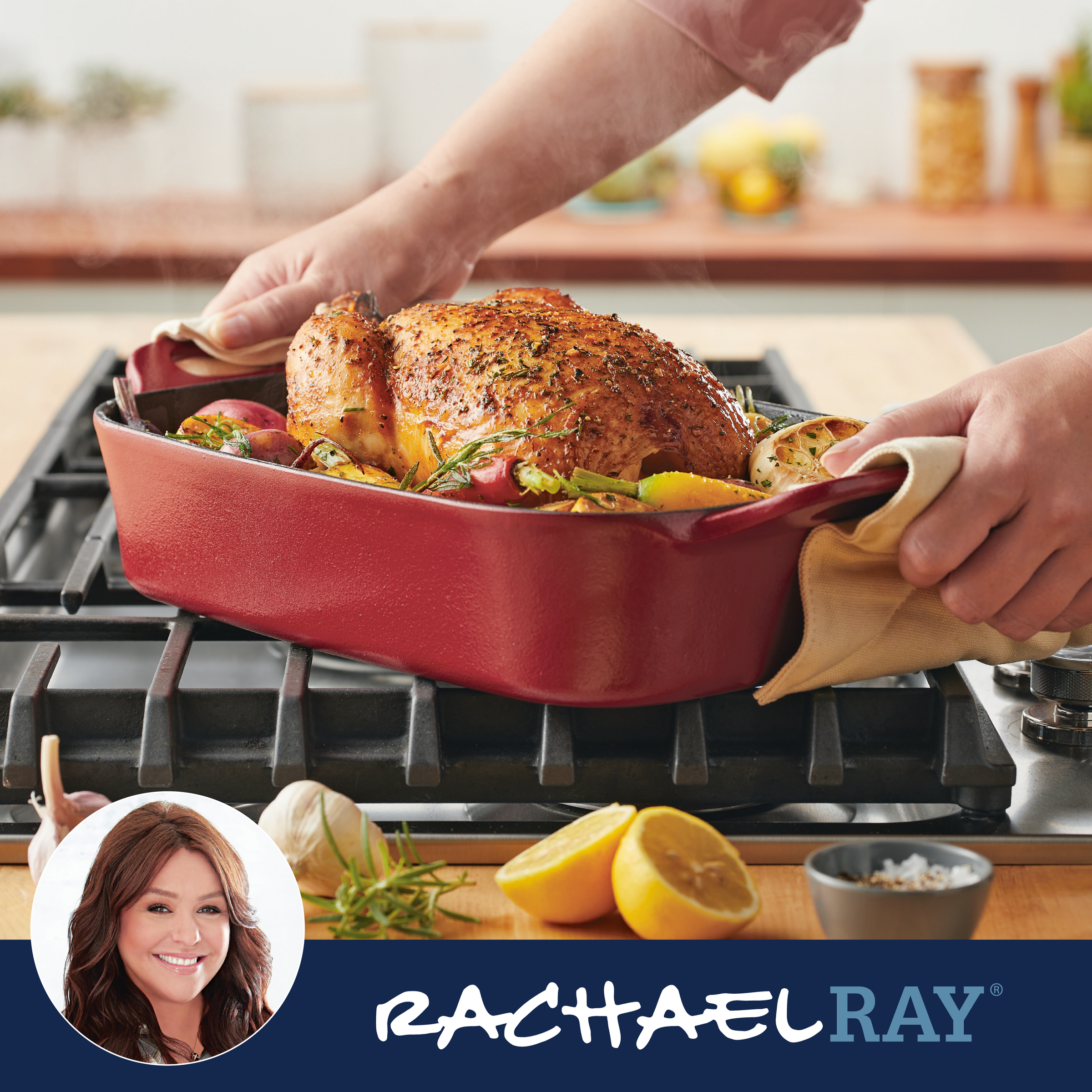 Person placing roasted chicken in a red dish on a stove.