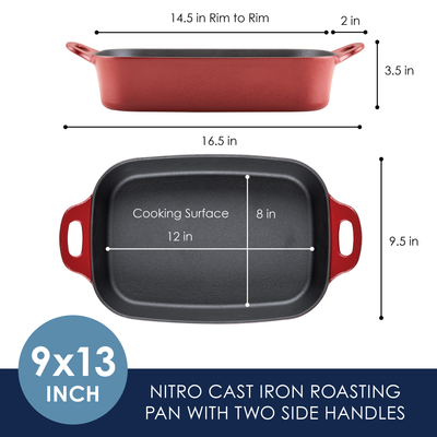 Black and red 9x13 inch cast iron roasting pan with two side handles.