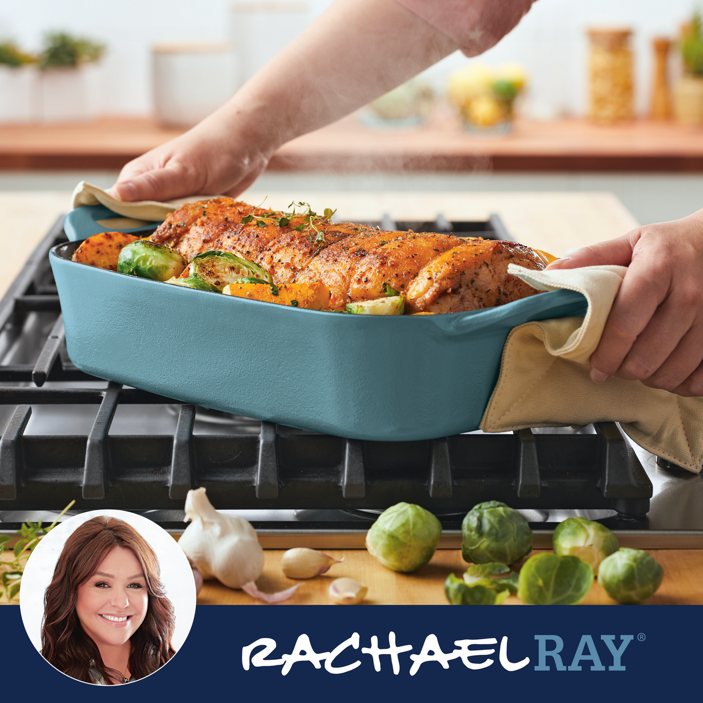 Person holding a baked chicken dish in a blue pan on a stove.