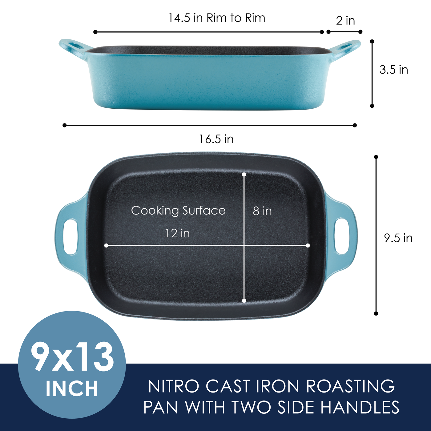 A blue rectangular cast iron roasting pan with measurements and handles.