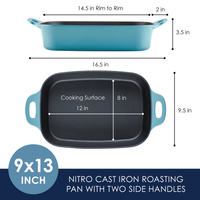 A blue rectangular cast iron roasting pan with measurements and handles.