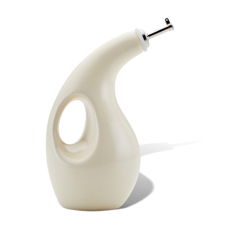 24-Ounce EVOO bottle, white ceramic with curved handle and steel pour spout.