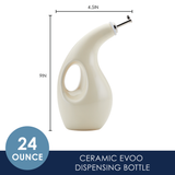 Curved ceramic EVOO dispensing bottle, 24 oz, with dimensions shown.