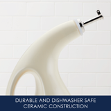 Close-up of a ceramic soap dispenser with a pump.