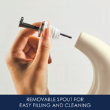 Hand holding removable spout above a container for filling and cleaning.